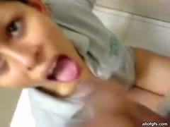 A cute Latina hotel employee gets a facial and gives a dog-like bonk.
